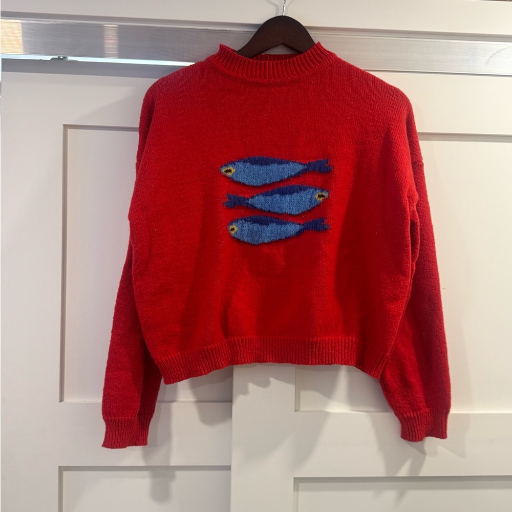 Red Sweater with Blue Fish Design